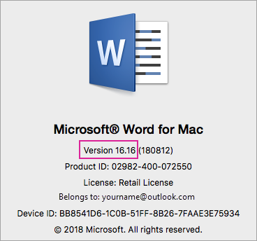 latest update for versions of office that use mac 2016